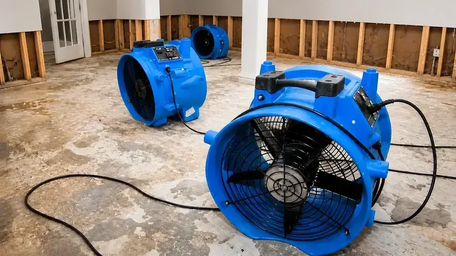 Blue air movers positioned beside exposed lower wall framing
