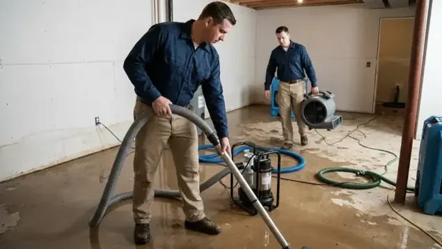 Two technicians extracting standing water from a finished lower room