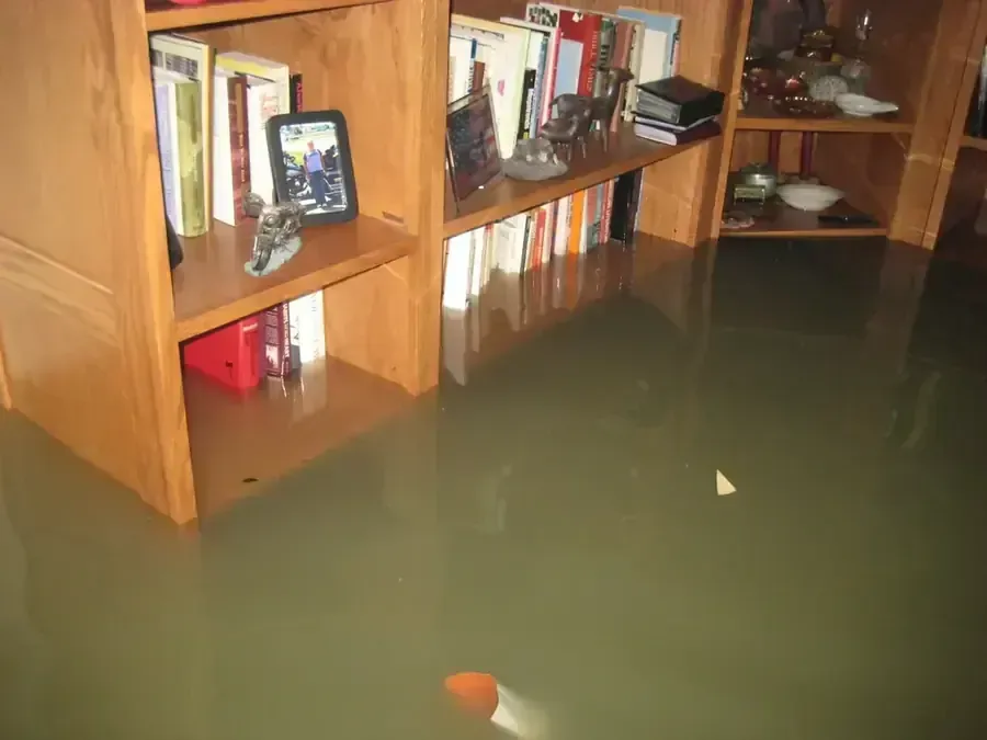 Floodwater covering the floor beside indoor shelving