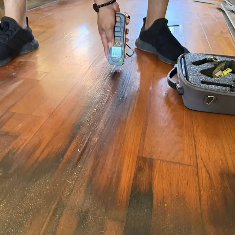 Moisture meter pressed against darkened wood floorboards