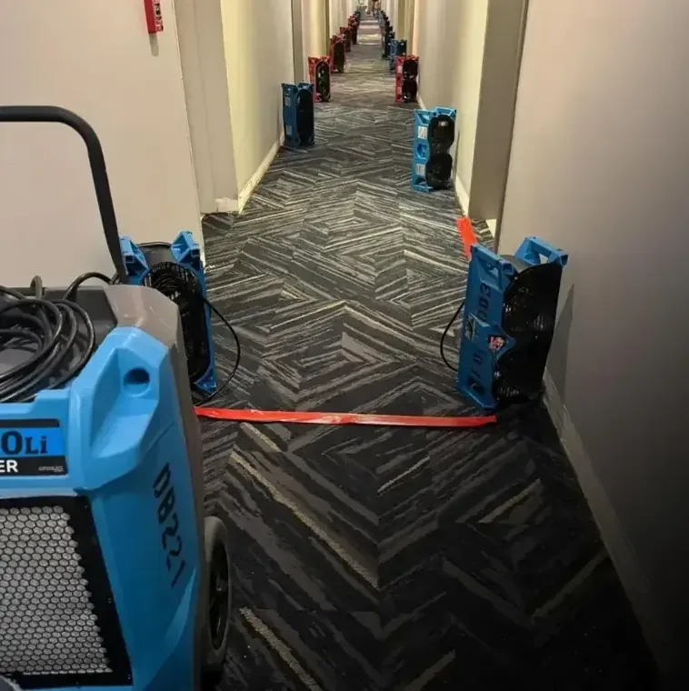 Air movers and dehumidifiers lined along a commercial hallway